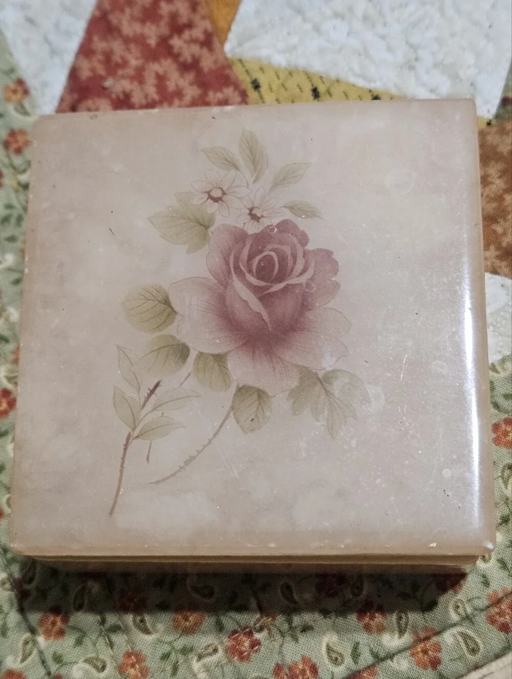 Vintage, Hand-carved Italian Alabaster Trinket Box featuring a Painted Pink Rose